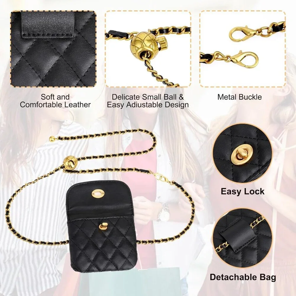 Mini Quilted Chain Crossbody Handbag, Waist Bag Purse Fanny Pack Black - Picture 3 of 7